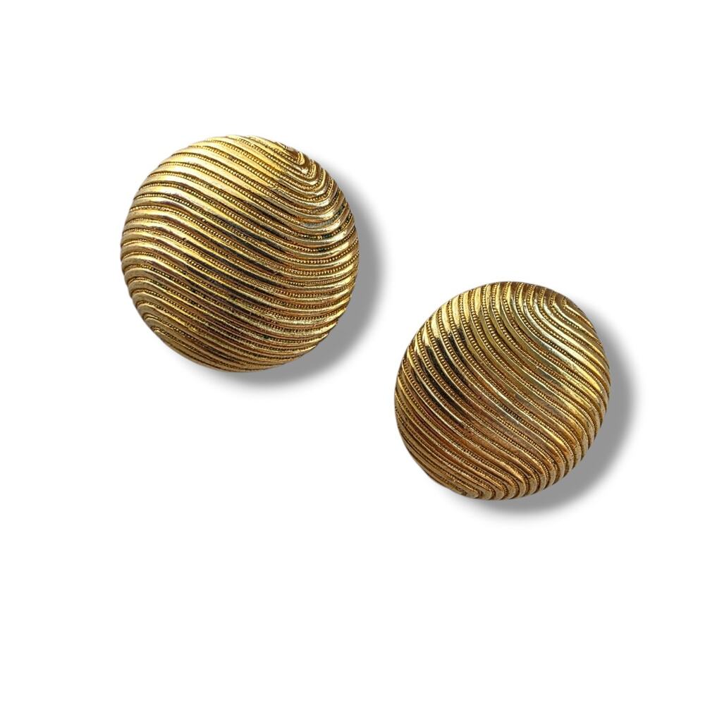 MONET Vintage Clip-On Earrings Round Etched Design Gold Plated Signed Old Money